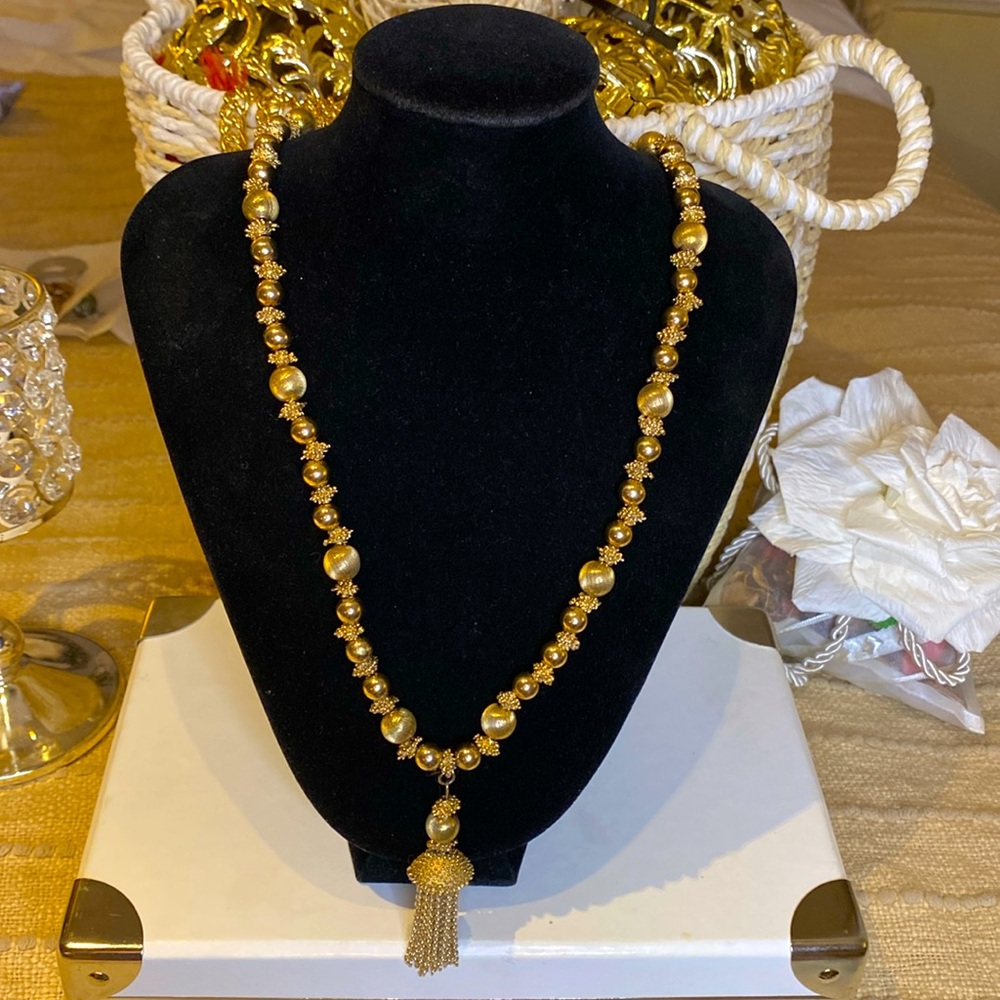 Vintage Continental golden bronze tone metal beads tassel necklace
